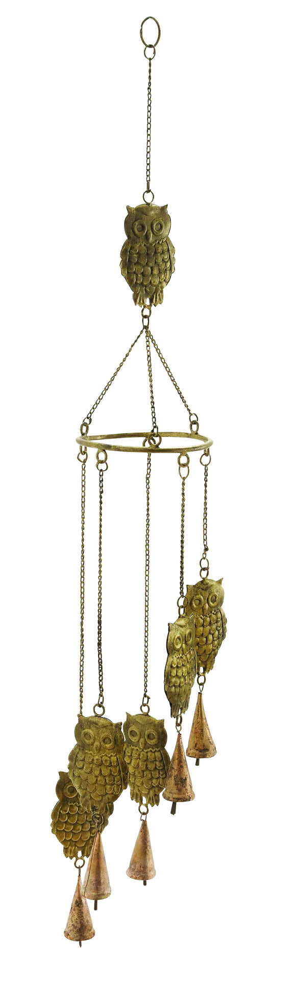 Owl Wind Chime with 5 Owls Hanging on Chain and 1 on Top