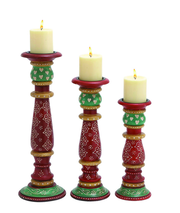 Wooden Multicolor Candle Holder in Different Sizes in Set of 3