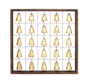 Classic Wooden Metal Bell Frame with Twenty Five Bells in a Simple Square Shaped Wooden Frame