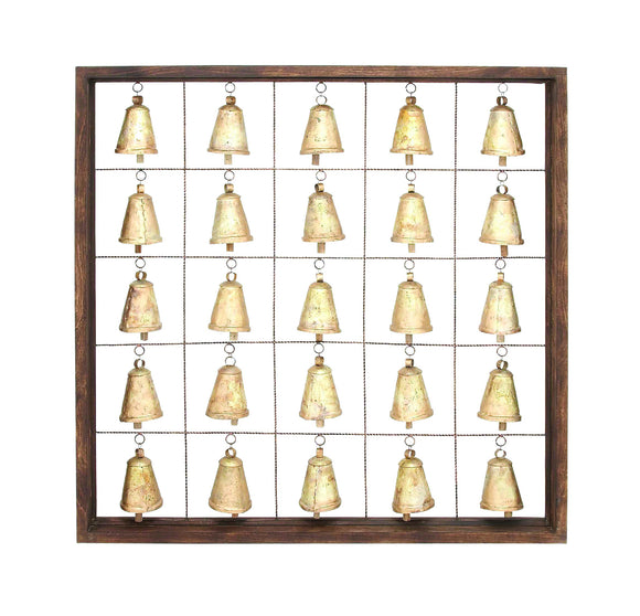 Classic Wooden Metal Bell Frame with Twenty Five Bells in a Simple Square Shaped Wooden Frame