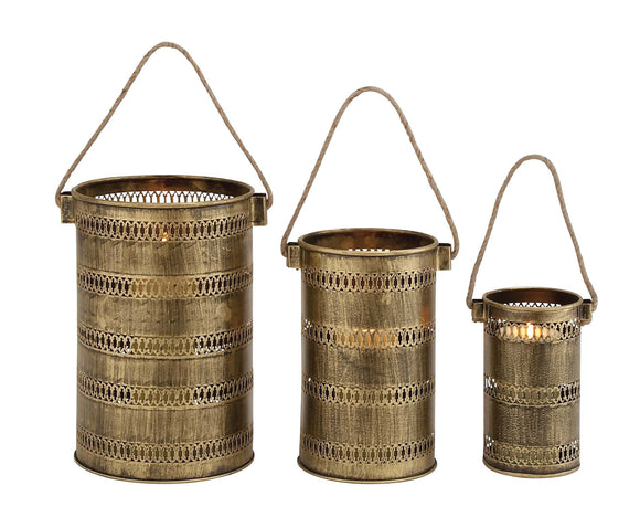 Antique Set of Three Metal Lantern Candle Holders