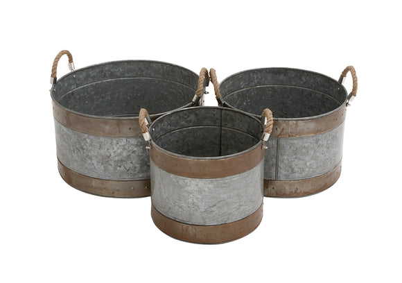 Rustic Set of 3 Metal Galvanized Planter