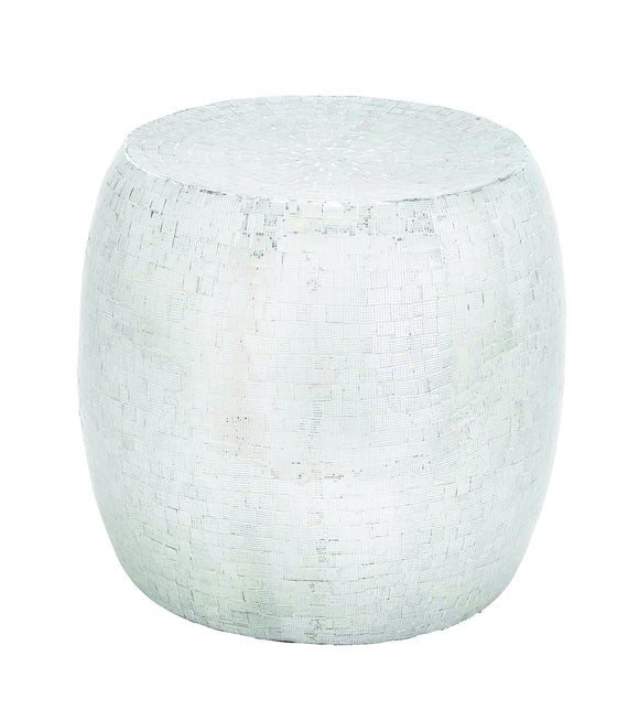 Drum Shaped Metal Mirror Mosaic Stool with Weathered Accent