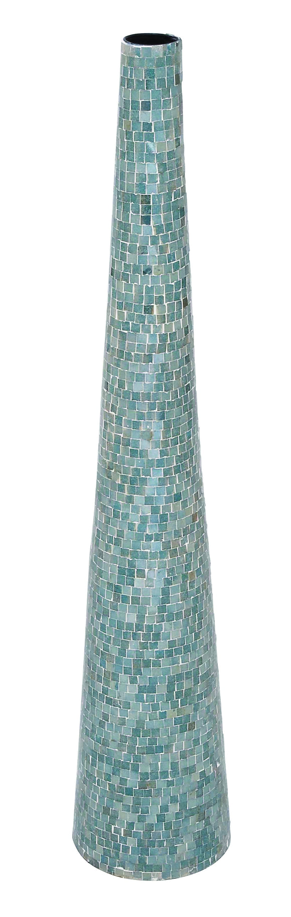 Elongated Metal Mosaic Vase with Blue Mosaic Tiles