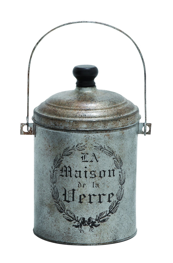 Metal Galvanized Canister with Wire Handle and Vintage Label