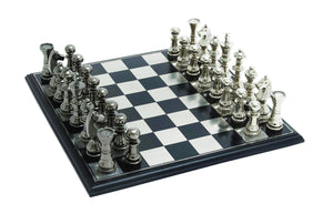 Sleek and attractive Chess Set with Polish Aluminum Pieces and Stainless Steel Plated Wooden Board