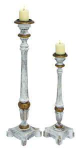 Wooden candle holder set of two with Distinctive Square Shaped Stand in Gold and Faded White Paint