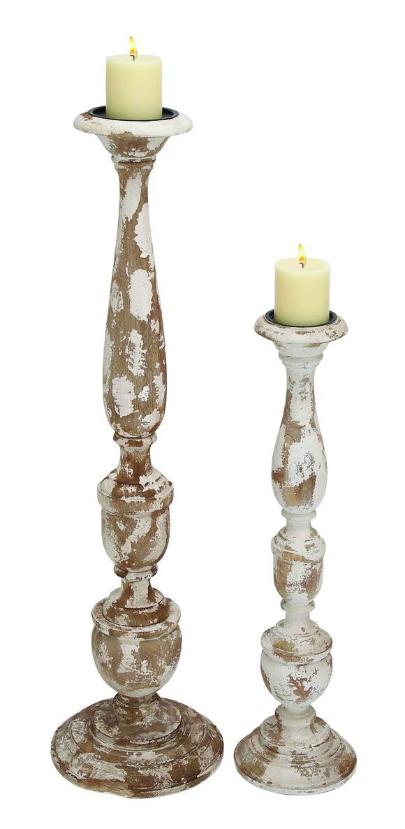 Wooden Candle Holders Set of Two with Unique Color Combination of White and Natural Brown