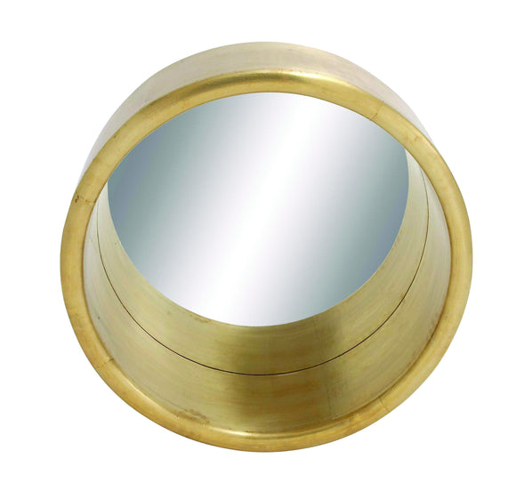 Porthole Shaped Decorative Wood Metal Clad Mirror in Brass Finish