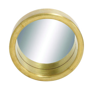 Classy and Elegant Porthole Shaped Wood Metal Clad Mirror Sporting a Brass Finish