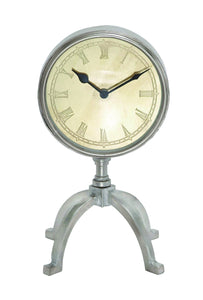 Silver Colored round shape Metal Table Clock with Pedestal Stand