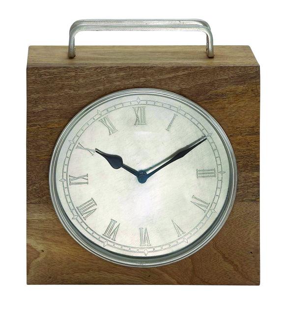 Distinct Square Shaped Wooden Frame Table Clock with Metal Handles