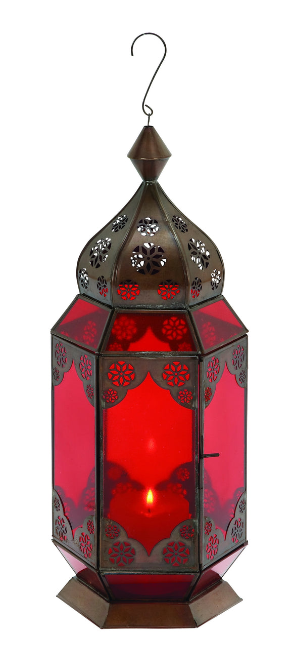 Traditional Metal Lantern with Red Glass and Intricate Detailing