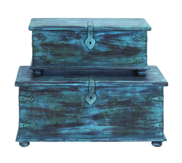 Trunk Antiqued Design with Faded Blue Paint - Set of 2