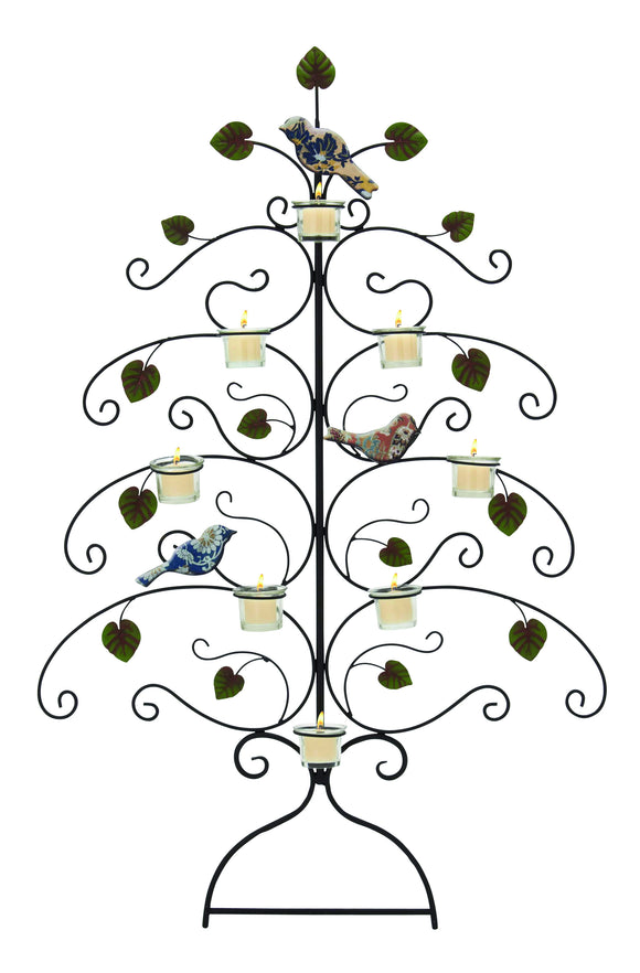 Vintage Wall Metal Tree Wall with Candle Votive and Adorned with Metal Leaves and Birds