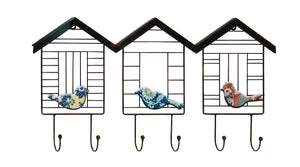 Mini Wired Cottage Metal Wall Hooks with Hand Painted Metal Birds