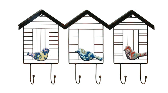 Mini Wired Cottage Metal Wall Hooks with Hand Painted Metal Birds