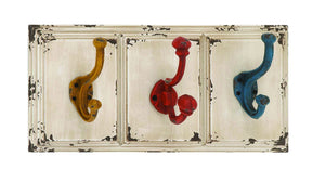 Wood Wall Metal Hook with Elegant Color Combination of White Wooden Plaque and Yellow, Red and Blue Metal Hooks