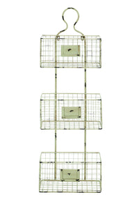 Three Tiered Metal Wire Basket Shelf with White Weathered Accent