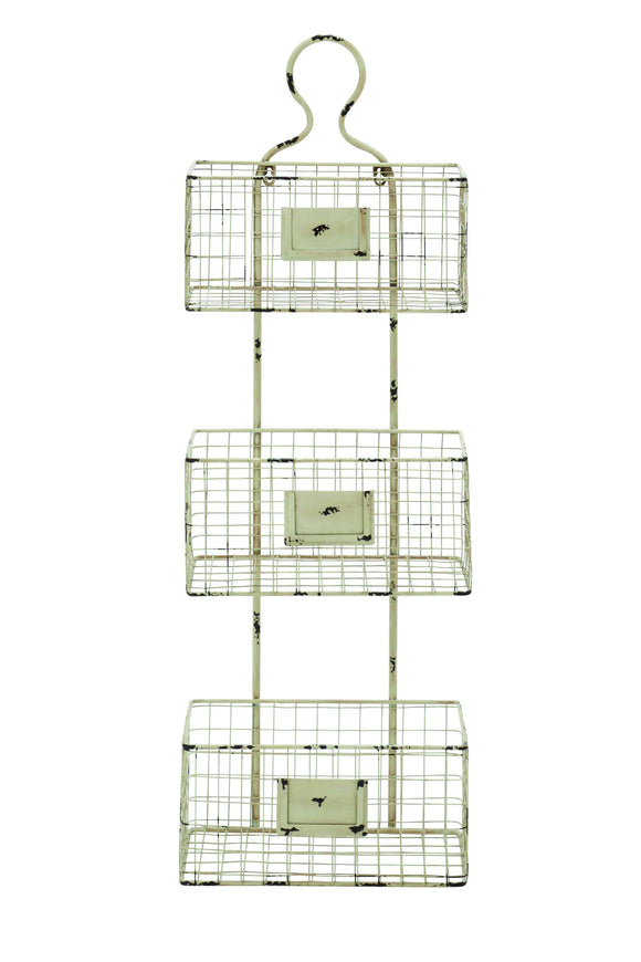 Three Tiered Metal Wire Basket Shelf with White Weathered Accent