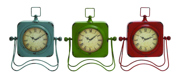 Adorable Metal Table Clock Assorted Set of Three with Vibrant Colors of Blue, Green and Red