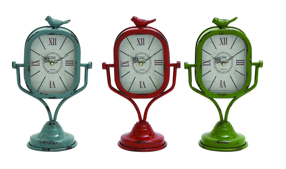 Metal Table Clock Assorted Set of Three with Vibrant Colors of Blue, Red and Green