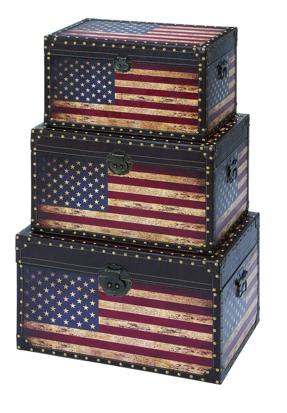 Wooden and Leather Trunk with American Flag Design - Set of 3