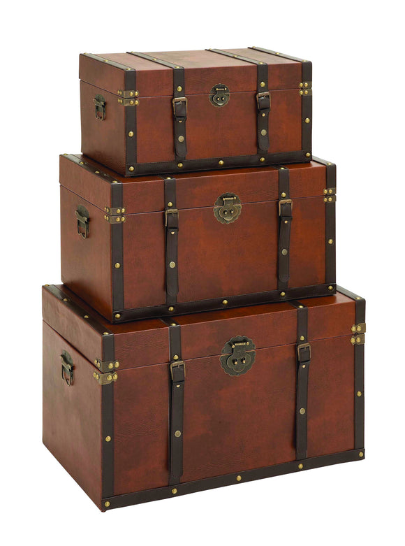 Timeless Designed Wood Leather Trunk - Set of 3