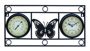 Clock Thermometer with Bold Metal Butterfly Motif