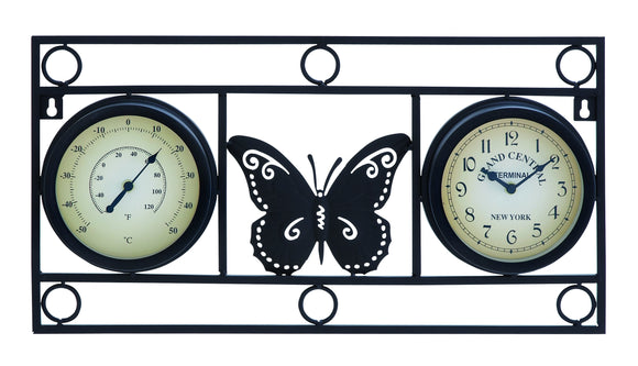 Clock Thermometer with Bold Metal Butterfly Motif