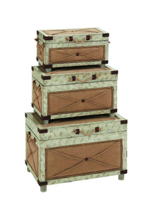 Old Rustic Wood Trunk Set of Three with Canvas Burlap and Galvanized Latches