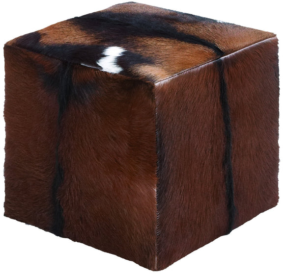 Wooden Sq Goat Leather Covered Stool in Red with Block Design