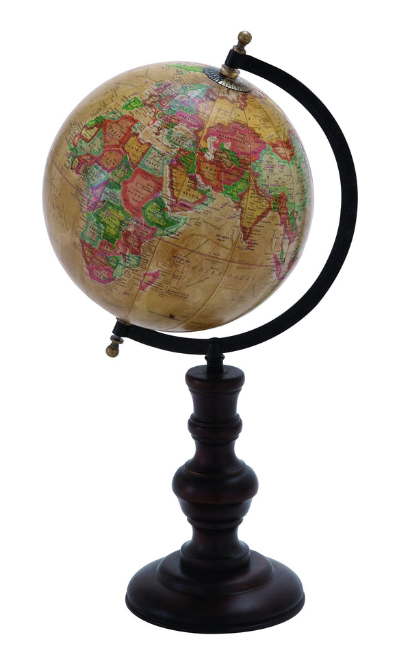 Metal Globe with Intricate Detailing and Smooth Brown Wooden Base