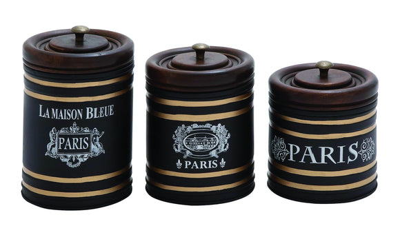 Metal Jar with Airtight Wooden Lid in Black Finish (Set of 3)