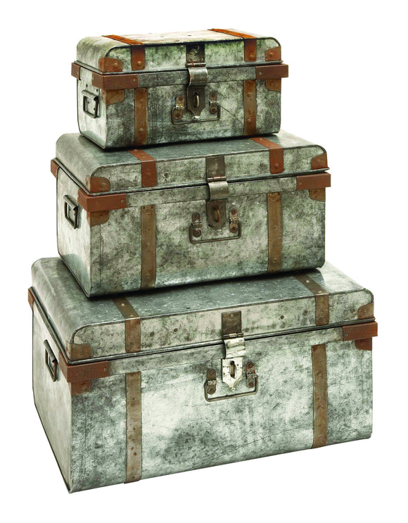 Galvanized Trunk with Rivets and Metal Strips - Set of 3