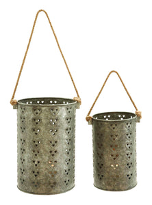 Metal Galvanized Lantern with Intricate Design - Set of 2