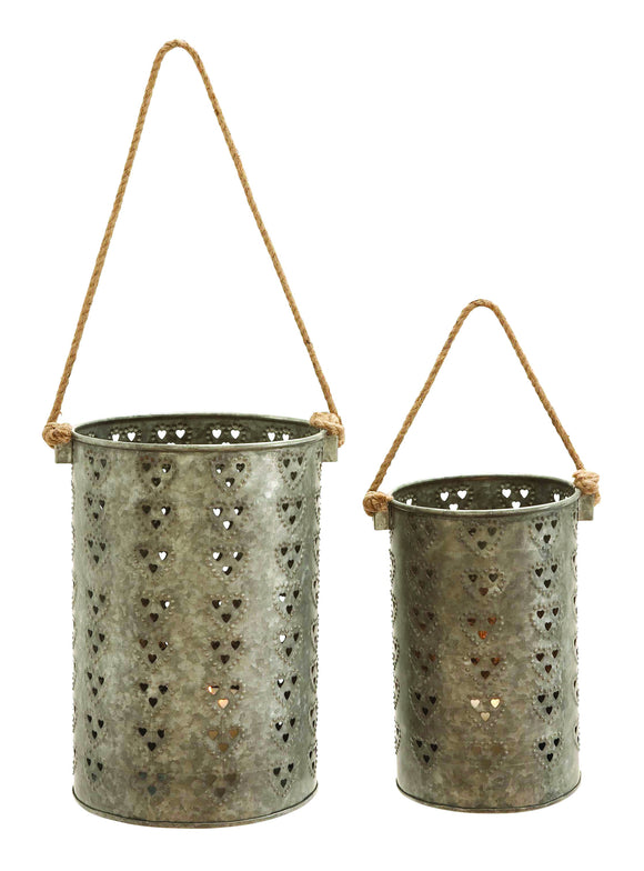 Metal Galvanized Lantern with Intricate Design - Set of 2