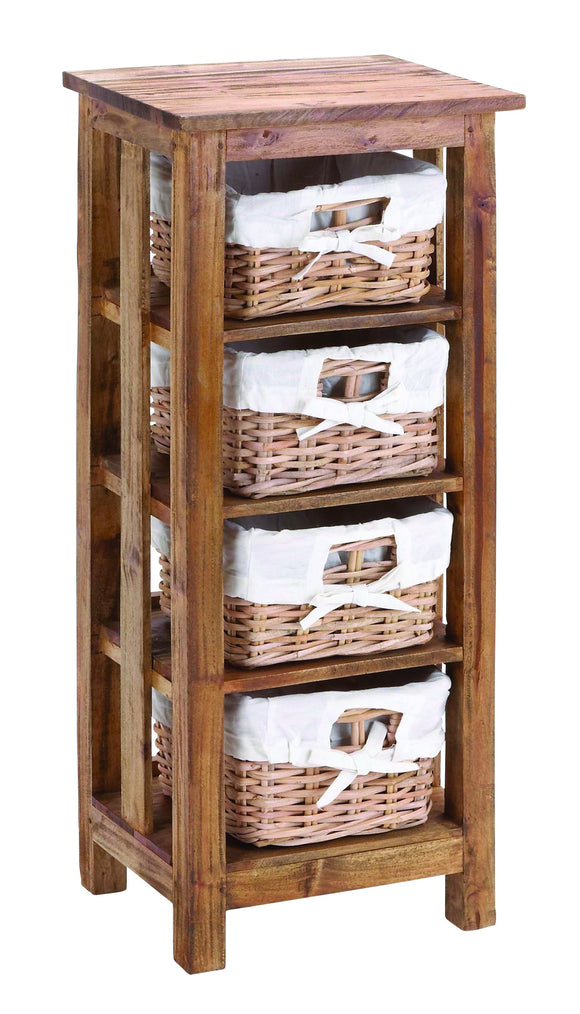 Mahogany Wooden Rattan Basket with 3 Shelves and Storage