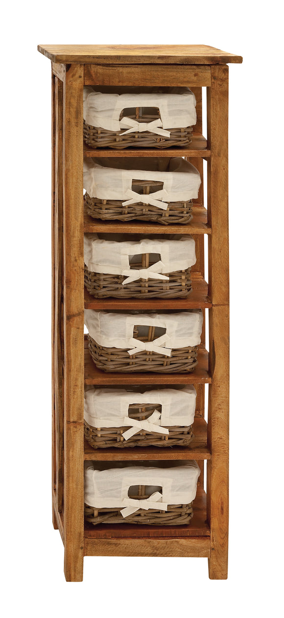 Storage Unit with Wooden Shelves and Warm Rattan Baskets