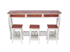 Mahogany Wood Console with 3 Stools in Natural Textures