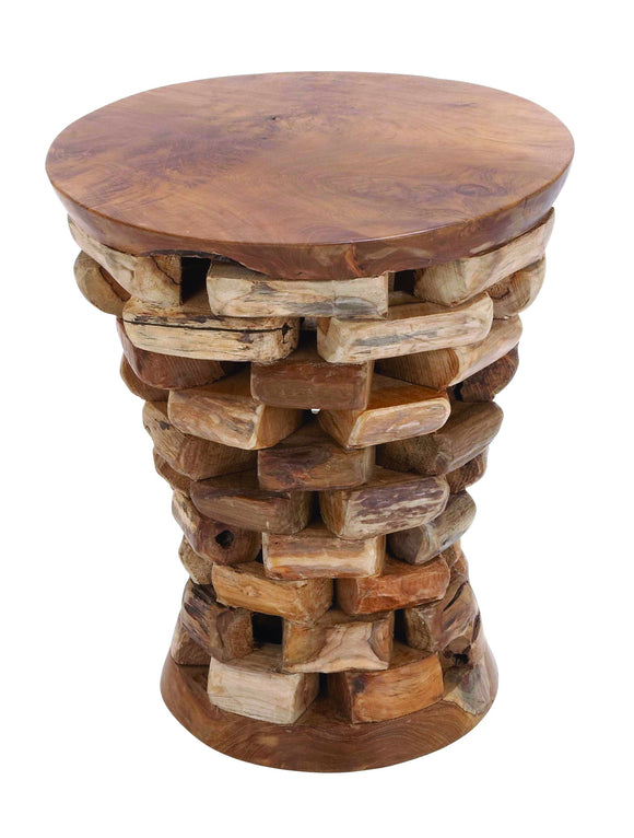 Round Shaped Teak Wooden Accent Table in Natural Rich Textures