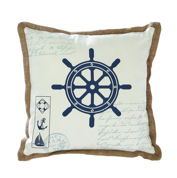 Fabric Pillow with Ship Wheel Design and Light Brown Outline