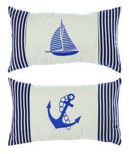 Assorted Fabric Pillow with Elegant Embroidery in Blue - Set of 2