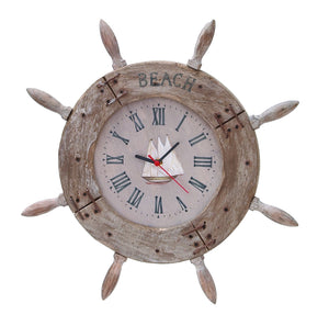 Wood Ship wheel Clock 20"D Nautical Maritime Decor