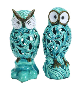 Decorative Ceramic 11" Owl in Blue with Well Design (Set of 2)