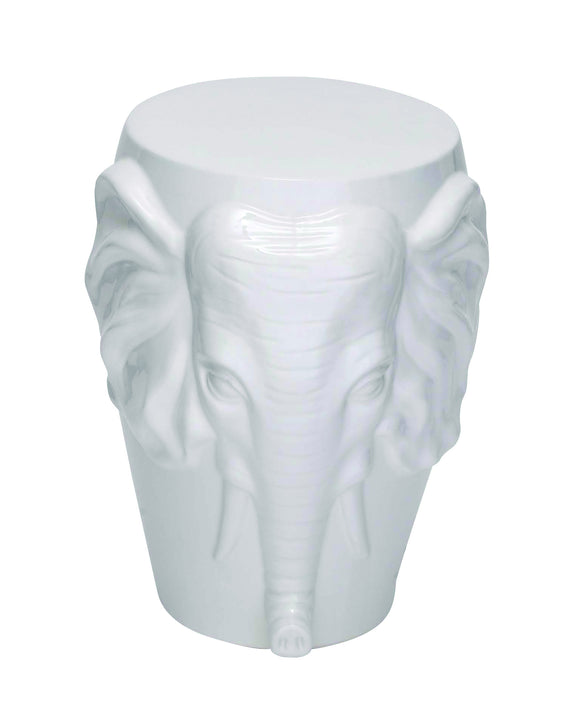 Beautifully Sculpted Ceramic Elephant Face Stool with Glossy White Finish