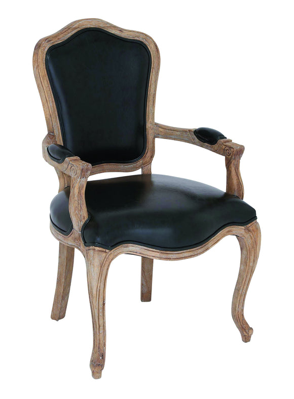 Vintage French country Wood Arm Chair with Black Leather