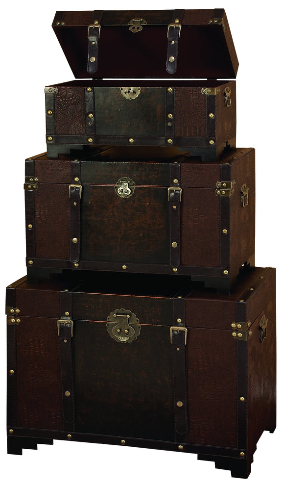 WOOD LEATHER TRUNK S/3 SET OF THREE HIGH UTILITY LEATHER TRUNK