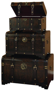 WOOD LEATHER TRUNK S/3 SET OF THREE USABLE LEATHER TRUNK