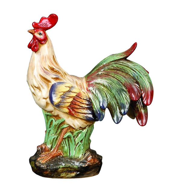 CERAMIC ROOSTER IN GREEN, BROWN AND RED COLORS